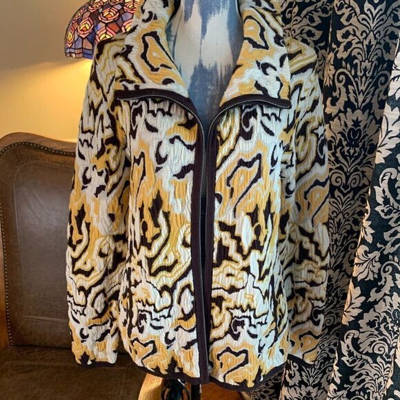 AVA Designs Women's M yellow brown cream abstract knit zip up jacket - Picture 1 of 11